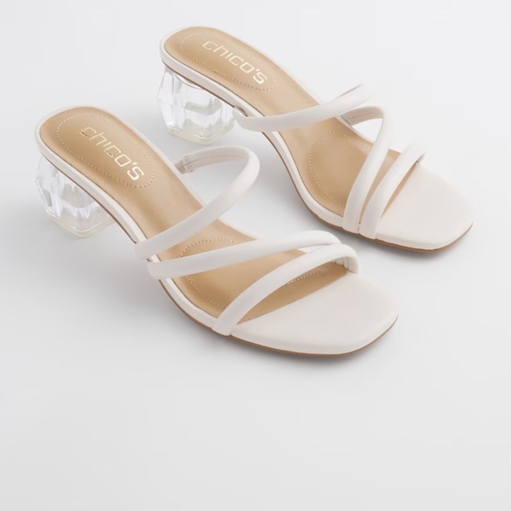 Chicos White leather Square toe, clear Lucite heel, slip-on sandals size 6.5